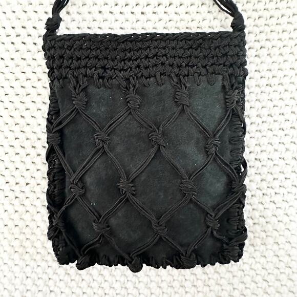 R&G Design Y2K Vintage Black Woven Suede Upper Slim Pouch Top Zip Boho Crossbody - Picture 4 of 6